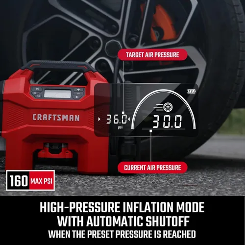 Miniatura 7 de CRAFTSMAN Inflador/Vacío/Soplador 3-EN-1, Compresor de Aire Portátil con Luz LED, Vacío o Soplador Silencioso para Coche, RV, Camión, 160 PSI, 12V