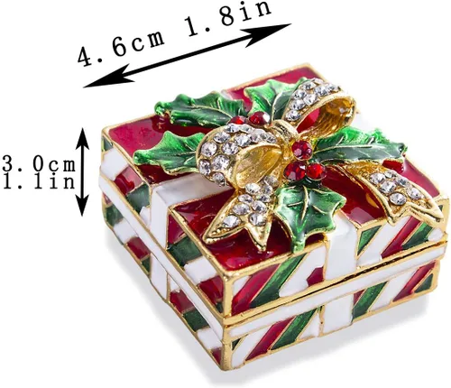 Miniatura 2 de YU FENG Caja de baratija de Navidad con lazo y hojas verdes, decoración de diamantes de imitación esmaltados pintados esmaltados con bisagras