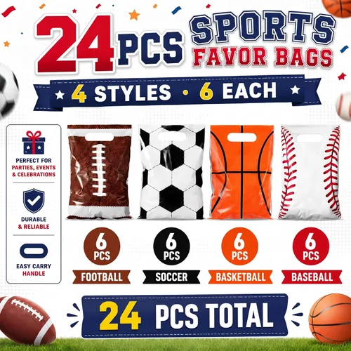 Miniatura 2 de Funrous 24 Pcs Football Sports Party Favor Bags Soccer Candy Gift Plastic Goodie Treat Bags Bulk with Handles for Baseball Basketball Theme Event