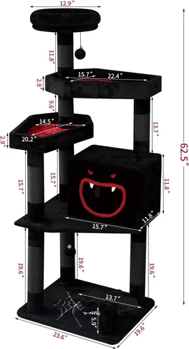 Miniatura 3 de YARUOMY Árbol gótico para gatos con cama de ataúd, torre negra de 62.5 pulgadas con espacioso condominio para gatos estilo demonio, percha de felpa