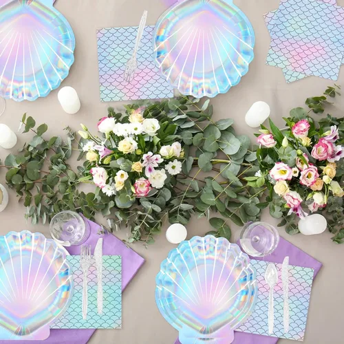 Miniatura 5 de QIYANPAX 144 piezas de suministros de fiesta de sirena, decoraciones de cumpleaños de sirena, incluye platos, servilletas, vasos, cubiertos