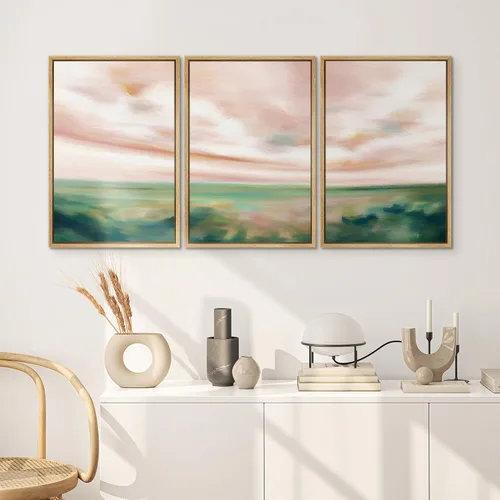 Miniatura 3 de SIGNWIN Conjunto de arte de pared de lienzo enmarcado, acuarela pastel, cielo de nubes rosas, colina verde del campo, naturaleza, vida silvestre