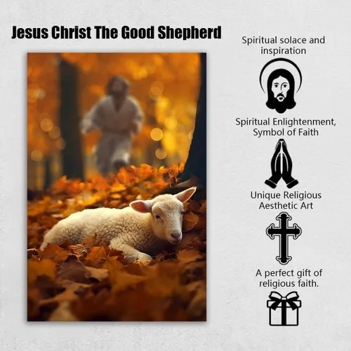 Miniatura 6 de ANRUOXI Arte Cristiano de Jesús Corriendo Después del Cordero en Lienzo para Pared, Jesús Pastor y Oveja Perdida en el Bosque de Otoño, Pintura