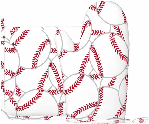 Miniatura 2 de Mxocom Juego de guantes de horno de béisbol y soportes para ollas, pelota de tenis, silicona resistente al calor, guantes para horno de cocina