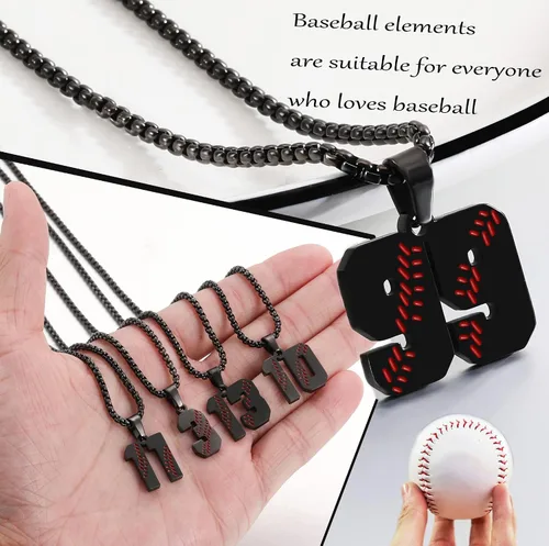Miniatura 7 de SKQIR Colgante de número de jersey de béisbol para hombres y niños - Cadena de acero inoxidable para atletas - Negro