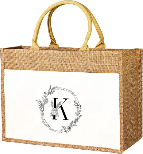 Miniatura 13 de JUSTOTRY Bolsa de mano con inicial, yute natural, grande, 13 onzas, personalizada, bolsa de lona con monograma, regalo para mujer