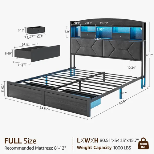 Miniatura 2 de DOGIBIXO Marco de cama negro de tamaño completo con 4 almacenamientos, marcos de cama de plataforma tapizados de terciopelo con cabecero capitoné