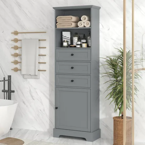 Armario de almacenamiento alto con 3 cajones y 1 puerta, gabinete de colección independiente para baño con estantes ajustables, armario de cocina y
