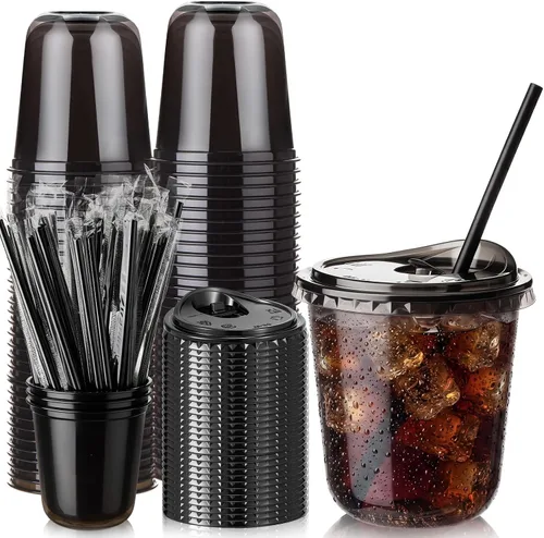 Ziliny Paquete de 50 vasos de plástico transparente negro de 12 onzas con tapas y popotes, vasos desechables para mascotas, taza de café helado