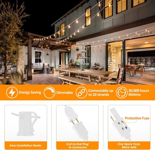 Miniatura 6 de Achin - Cadena de luces para exteriores de 100 pies G40 Globo de patio, luces LED impermeables al aire libre con 50+2 bombillas LED irrompibles
