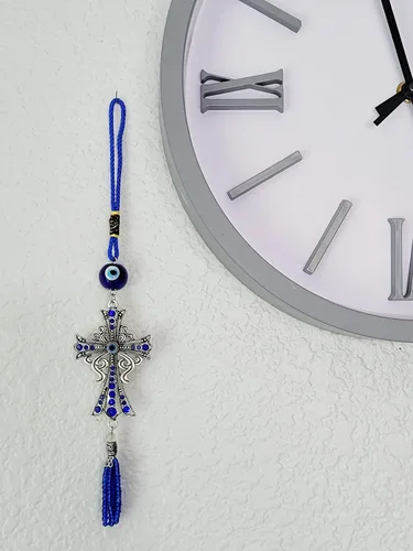Miniatura 4 de LUCKBOOSTIUM Adorno colgante con dije de cruz con centro de mal de ojo y cristal azul y borlas, letrero para buena suerte, salud y protección