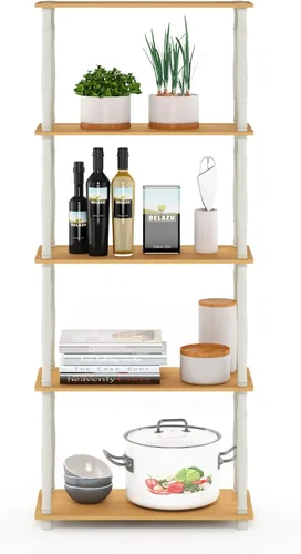 Miniatura 4 de Furinno Turn-N-Tube - Estantería multiusos de 5 niveles, estantería para exhibición, almacenamiento o libros, de tubos clásicos, color haya y blanco