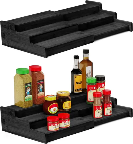 VenDotbi Estante para especias, organizador de especias de bambú expandible de 3 niveles para gabinetes, cocina, despensa y armario, color negro