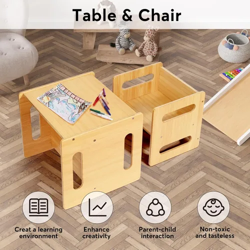 Miniatura 2 de Juego de mesa y silla para niños, mesa y silla de destete Montessori, silla de escritorio pequeña de bambú natural, juego de mesa de actividades