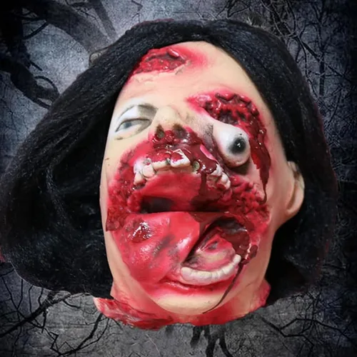 Miniatura 5 de RiceelSor Decoración colgante de cabeza dividida para Halloween, diseño de cadáver sangriento, de terror, de tamaño real, con peluca, disfraz