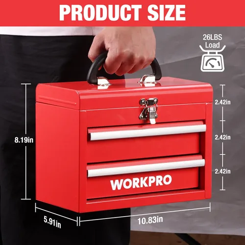 Miniatura 2 de WORKPRO Caja de herramientas portátil mini, caja de herramientas metálica con 2 cajones y rodamientos de bolas, almacenamiento superior con cierre