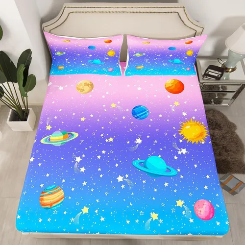 Miniatura 3 de Outer Space - Juego de sábanas tamaño matrimonial para niñas y niños, diseño de arco iris, galaxia, estrellas, planeta, kawaii, pastel, rosa, azul