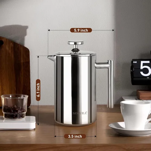Miniatura 8 de Secura - Cafetera de prensa francesa de acero inoxidable 304 con 2 filtros adicionales Plateado