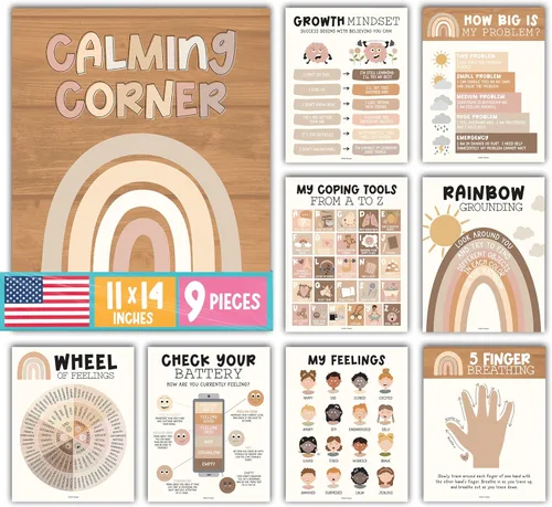 Miniatura 17 de Hadley Designs 9 carteles de esquina relajantes para el aula, suministros de esquina tranquila con tabla de emociones, póster de consejero escolar
