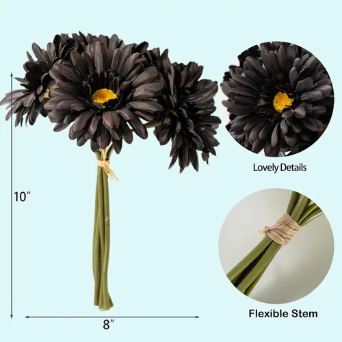 Miniatura 5 de TOPIA Margaritas africanas artificiales, margaritas africanas, flores de seda, gerberas artificiales, paquete de 10 unidades (negro)