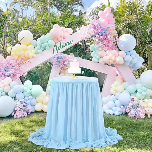 Miniatura 4 de QueenDream Falda de mesa de gasa azul bebé de 6 pies para mesa rectangular, mantel transparente para baby shower, boda, cumpleaños, fiesta temática