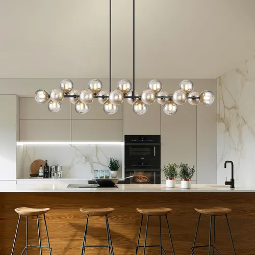 Miniatura 7 de Candelabro lineal negro Sputnik de 70 pulgadas, lámpara de comedor con 22 luces, globo de vidrio, lámpara lineal ahumada para granja, sala de estar