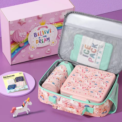Miniatura 3 de Fimibuke Lonchera Bento para Niños con 4 Compartimentos, Bolsa de Almuerzo Aislada, Botella de Agua Aislada de Acero Inoxidable, Paquete de Hielo