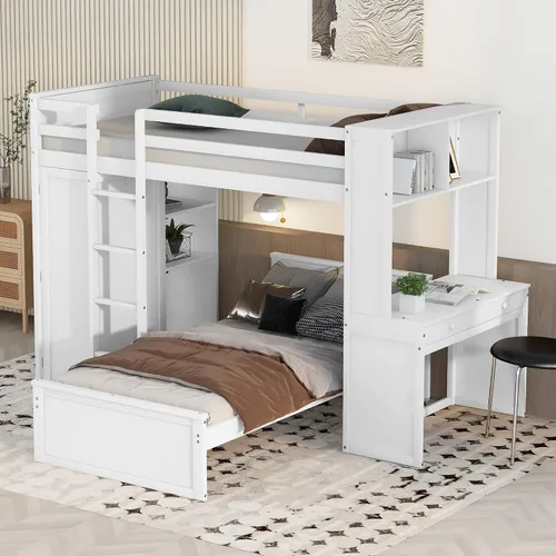 Miniatura 10 de Cama tipo loft multifuncional de tamaño individual con una cama y escritorio independientes, cama tipo loft de madera maciza con estantes y armario