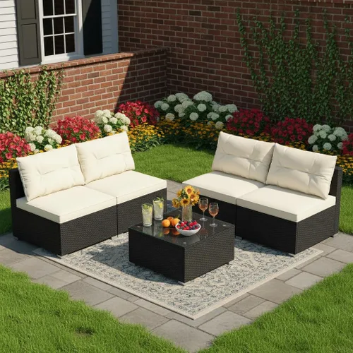Miniatura 2 de Tangkula - Juego de sofá de ratán de 5 piezas, conjunto de muebles de mimbre para patio de Patiojoy con cojines de asiento y respaldo, mesa