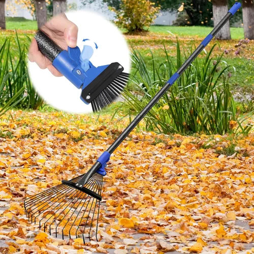 Miniatura 9 de Rastrillo de jardín ajustable para hojas - Rastrillo de metal resistente con cabeza expandible de 8-17" de largo, mango largo para césped, arbustos