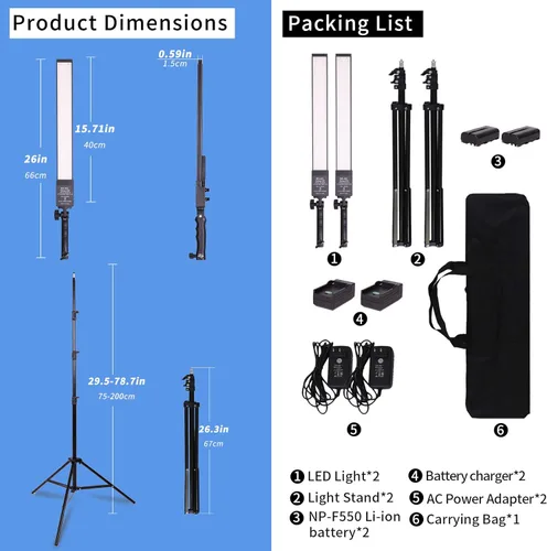 Miniatura 3 de Luz de video LED alimentada por batería, varita portátil de mano, regulable 2800-5500 K, kit de luz de estudio fotográfico con batería de iones