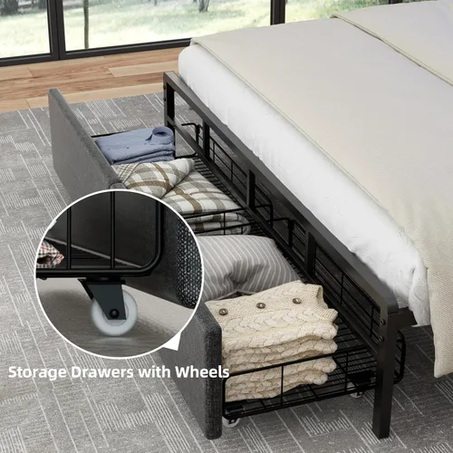 Miniatura 5 de Nuturelly Base de cama Queen con cajones de almacenamiento y cabecera LED inteligente, cama de plataforma tapizada con soporte de metal sin ruido